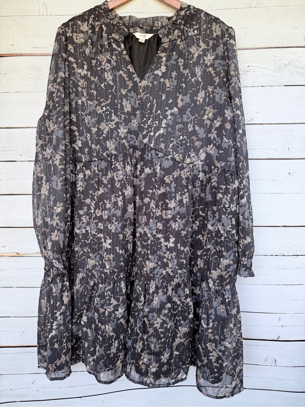 Terra & Sky Floral Metallic Stripe Long Sleeve Tiered Babydoll Dress - 2X
